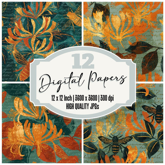 Woodblock Bee Honeysuckle Amber Seamless Digital Paper Pack (DDD012588)