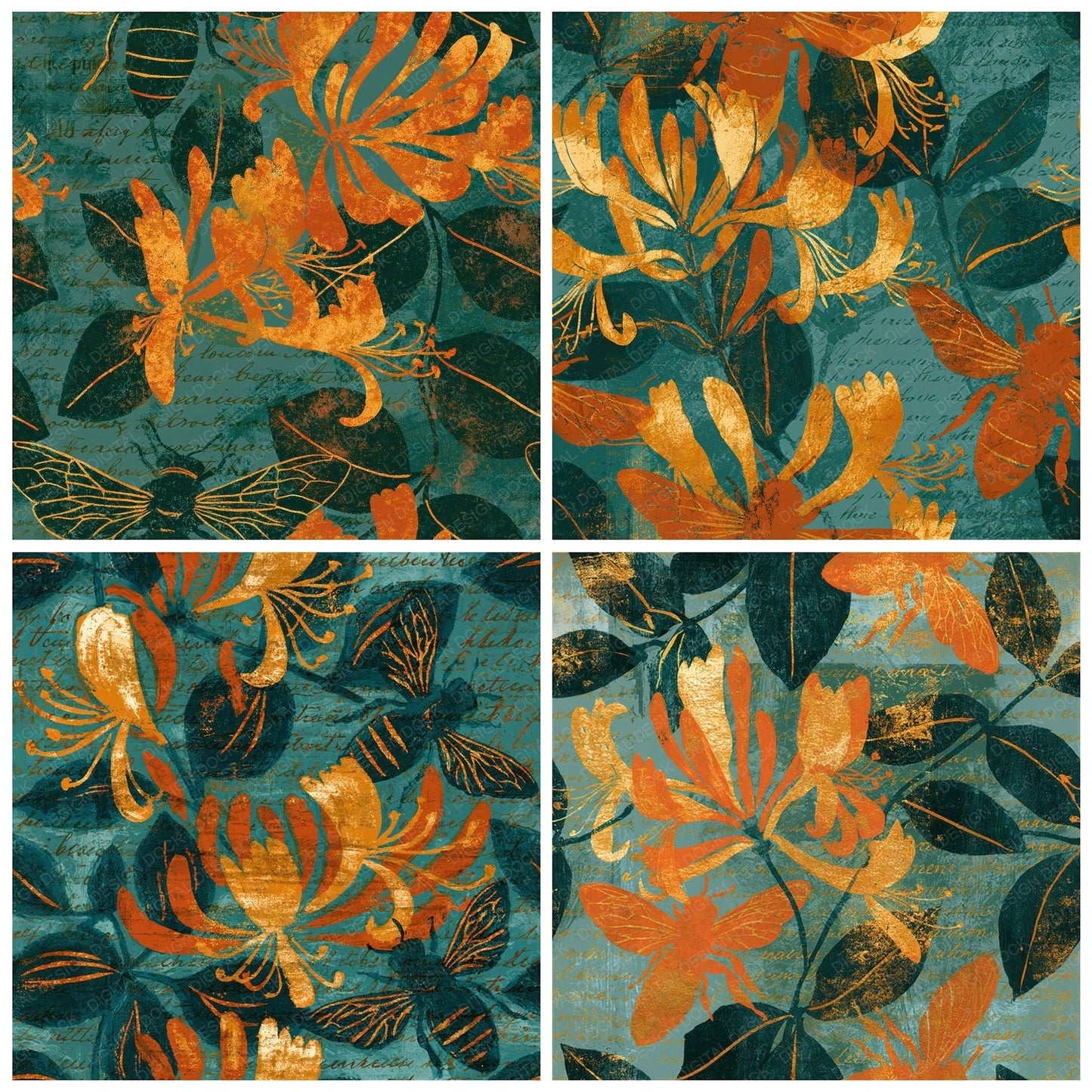 Woodblock Bee Honeysuckle Amber Seamless Digital Paper Pack (DDD012588)