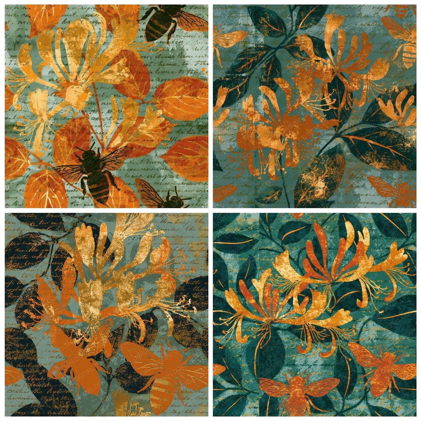 Woodblock Bee Honeysuckle Amber Seamless Digital Paper Pack (DDD012588)