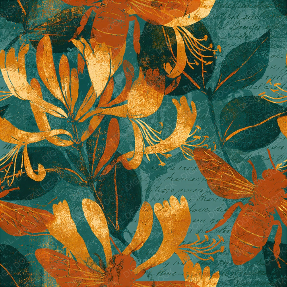 Woodblock Bee Honeysuckle Amber Seamless Digital Paper Pack (DDD012588)