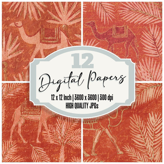 Woodblock Camel Palm Terracotta Digital Paper Pack (DDD012589)