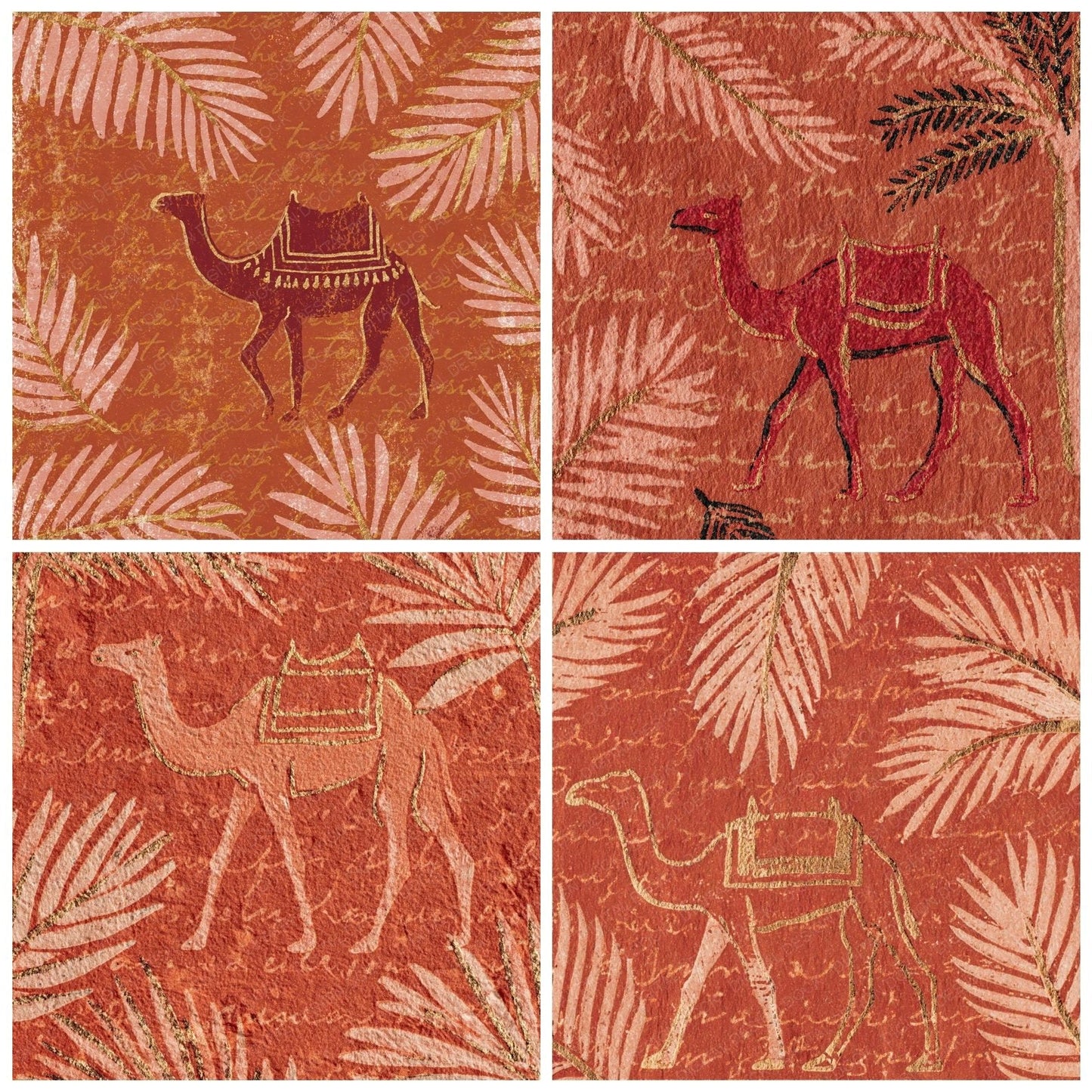 Woodblock Camel Palm Terracotta Digital Paper Pack (DDD012589)