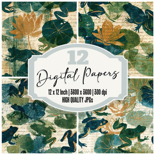 Woodblock Frog Lilypad Moss Seamless Digital Paper Pack (DDD012590)