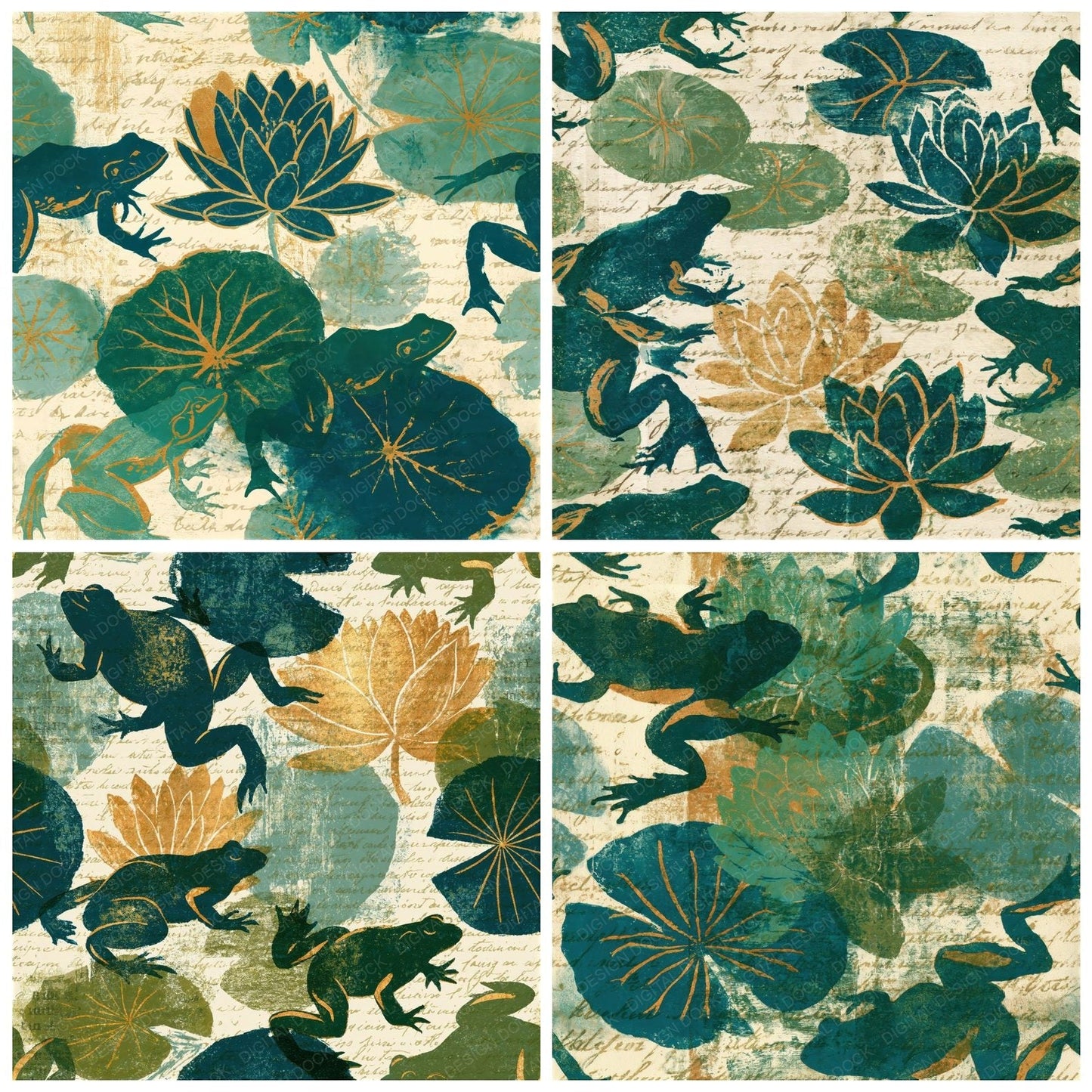 Woodblock Frog Lilypad Moss Seamless Digital Paper Pack (DDD012590)
