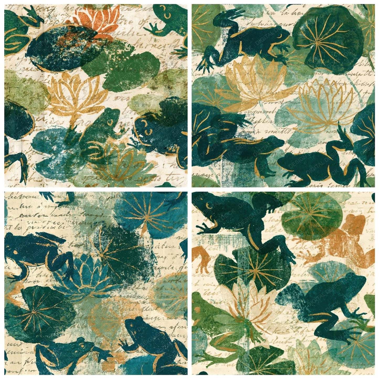 Woodblock Frog Lilypad Moss Seamless Digital Paper Pack (DDD012590)