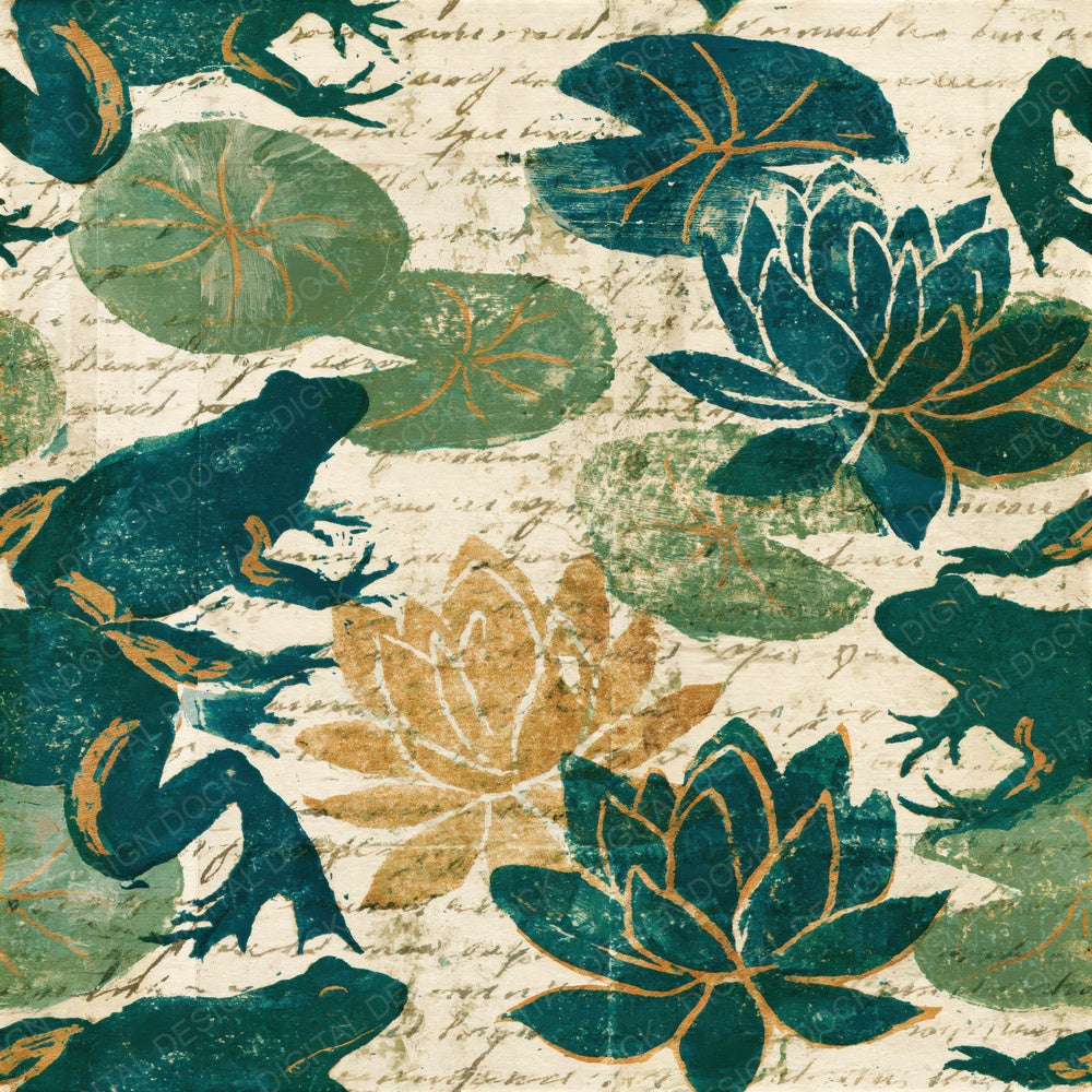Woodblock Frog Lilypad Moss Seamless Digital Paper Pack (DDD012590)