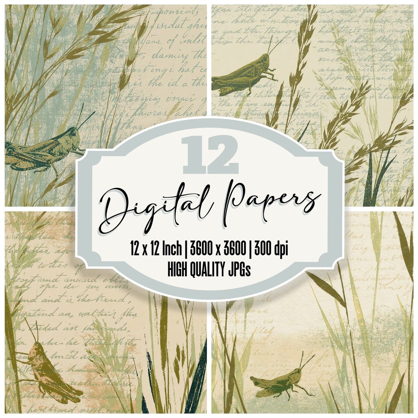 Woodblock Grasshopper Meadow Olive Digital Paper Pack (DDD012591)