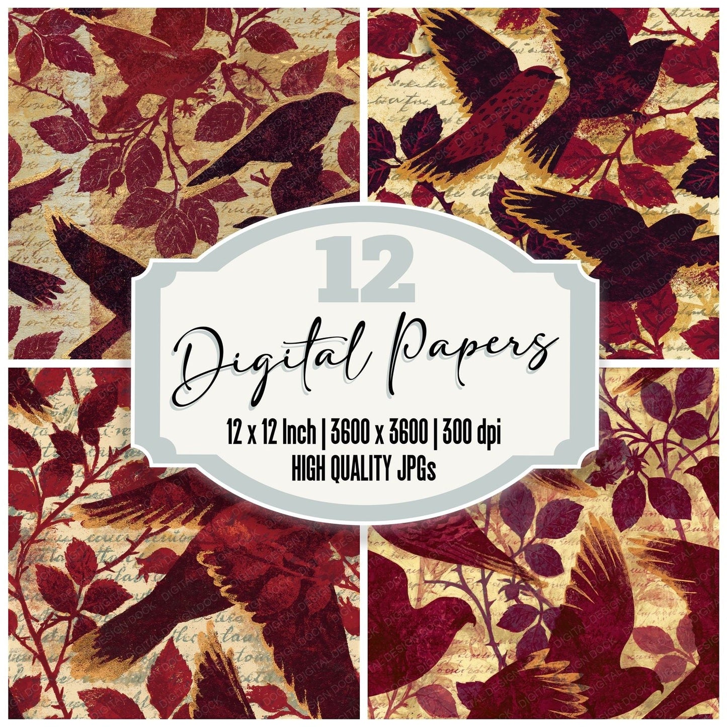 Woodblock Kestrel Bramble Oxblood Seamless Digital Paper Pack (DDD012592)