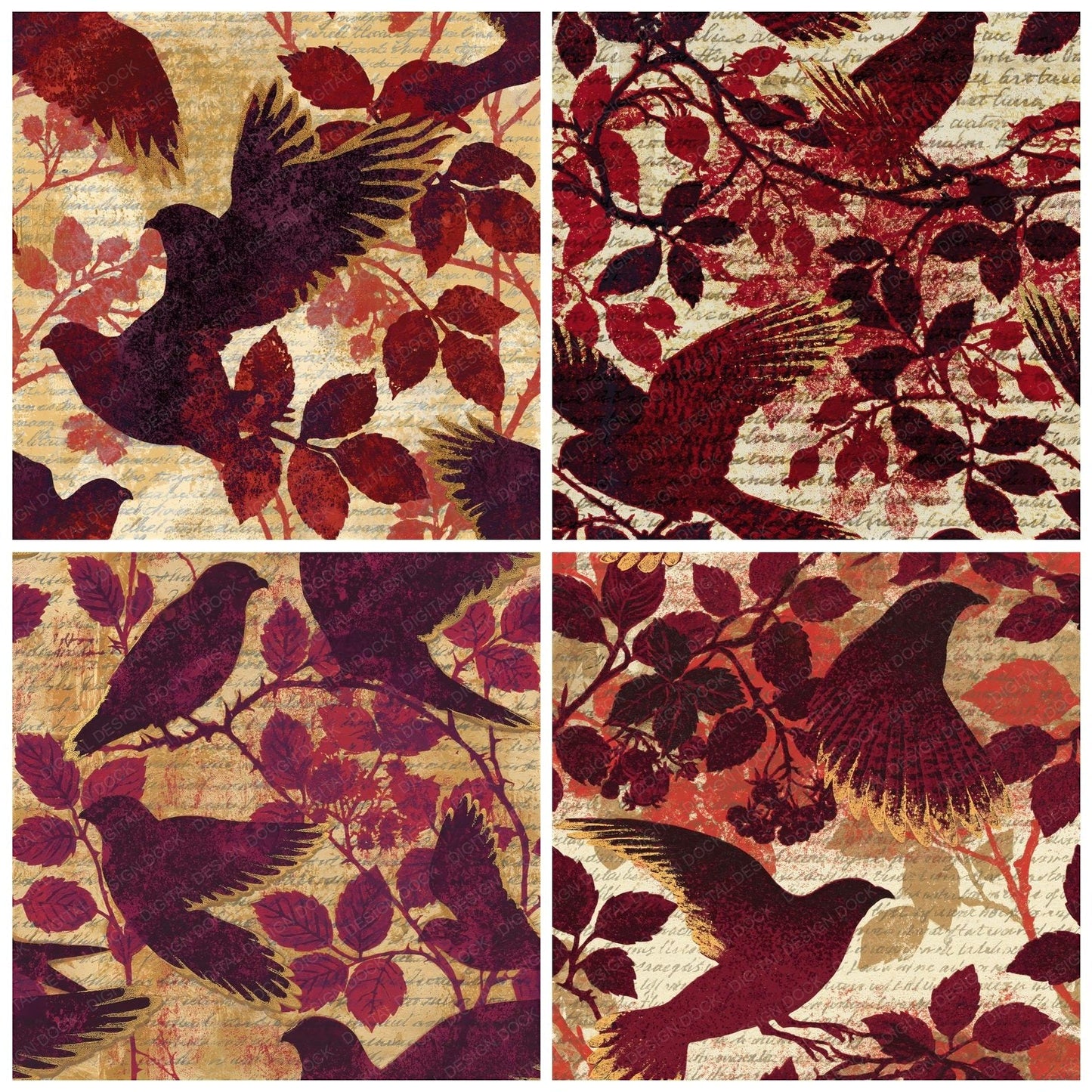 Woodblock Kestrel Bramble Oxblood Seamless Digital Paper Pack (DDD012592)