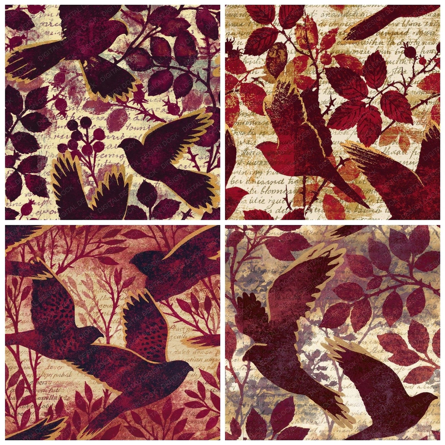 Woodblock Kestrel Bramble Oxblood Seamless Digital Paper Pack (DDD012592)