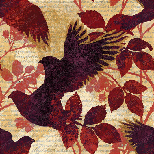 Woodblock Kestrel Bramble Oxblood Seamless Digital Paper Pack (DDD012592)