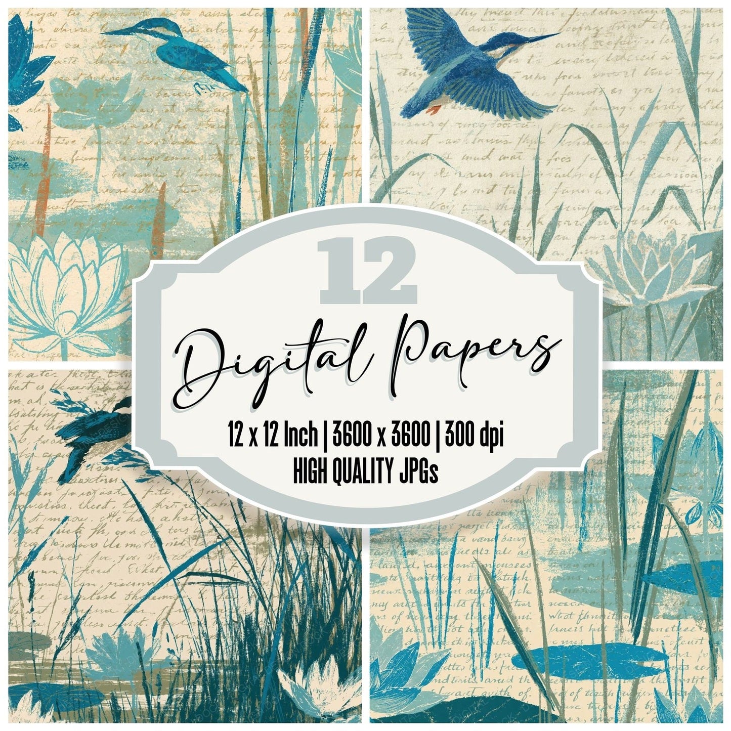 Woodblock Kingfisher Reed Cerulean Digital Paper Pack (DDD012593)