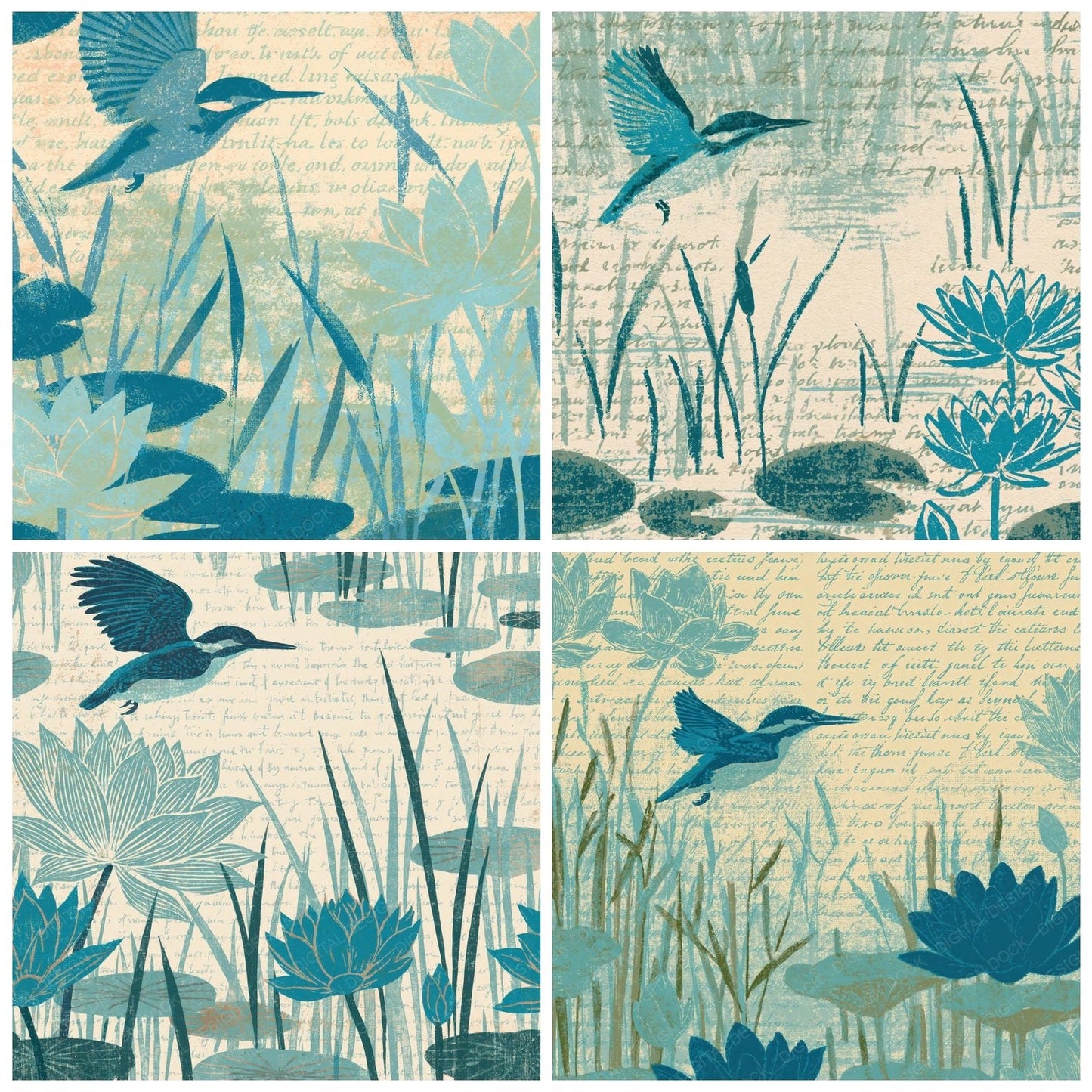 Woodblock Kingfisher Reed Cerulean Digital Paper Pack (DDD012593)
