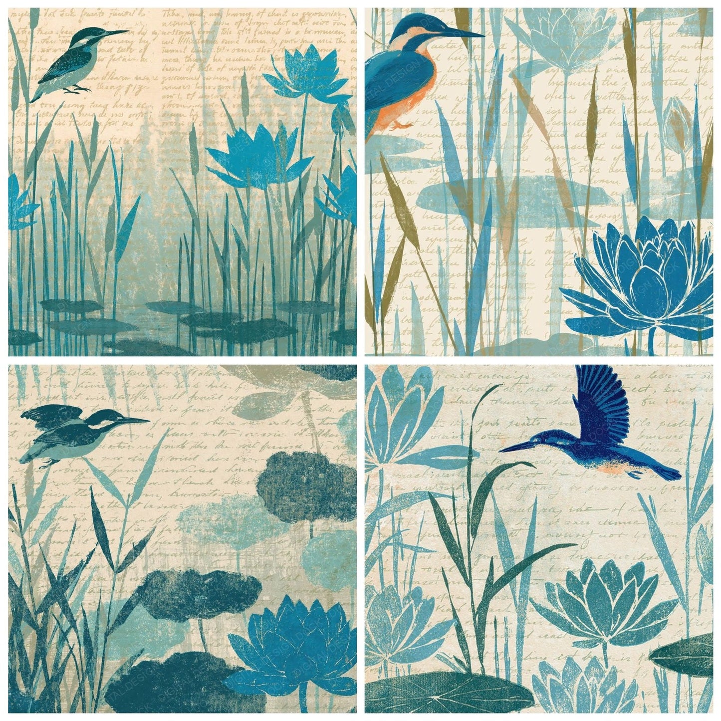 Woodblock Kingfisher Reed Cerulean Digital Paper Pack (DDD012593)