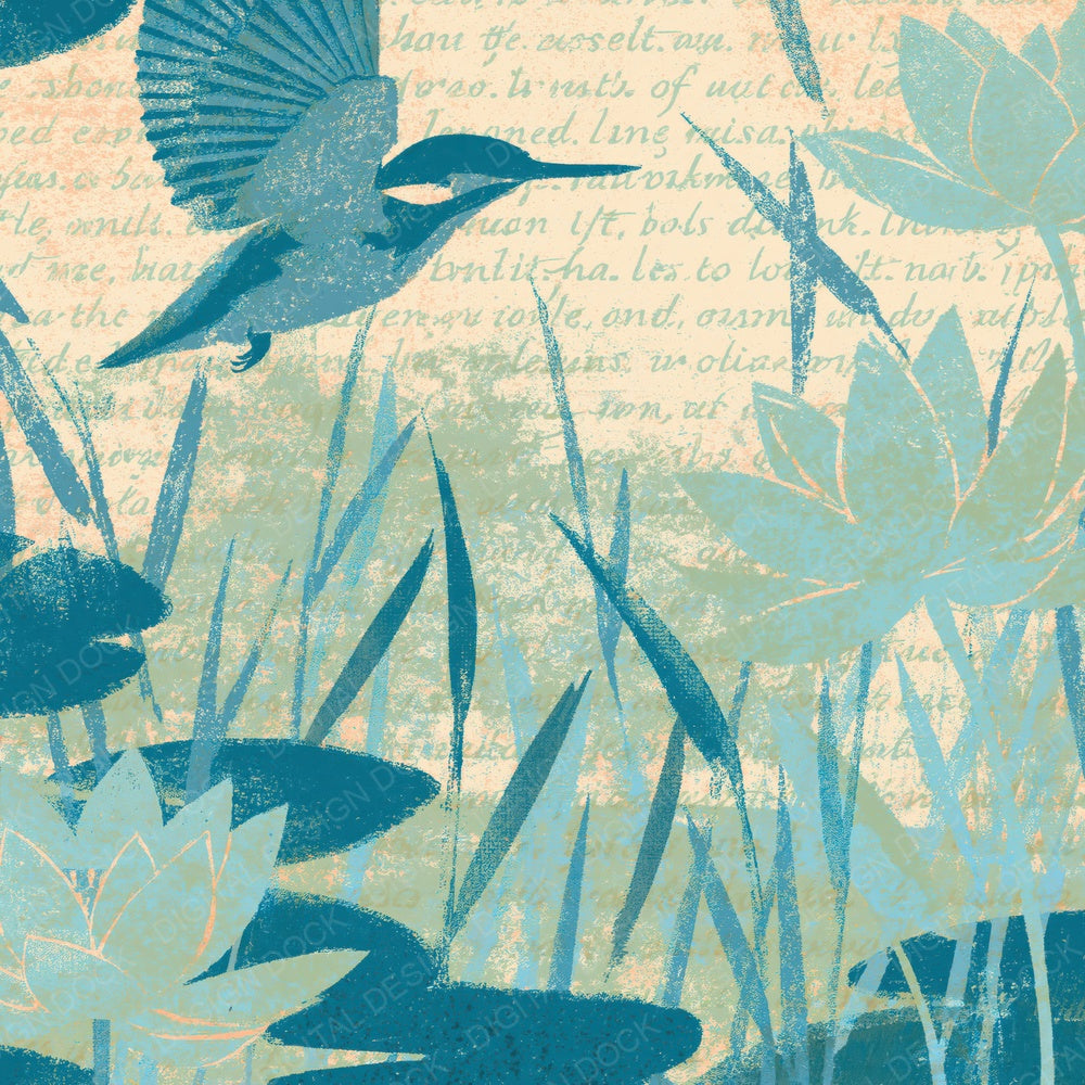 Woodblock Kingfisher Reed Cerulean Digital Paper Pack (DDD012593)