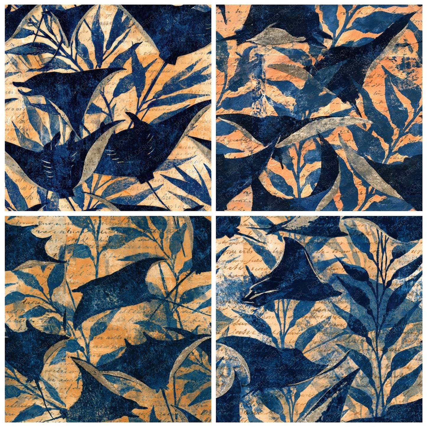 Woodblock Manta Kelp Navy Seamless Digital Paper Pack (DDD012594)