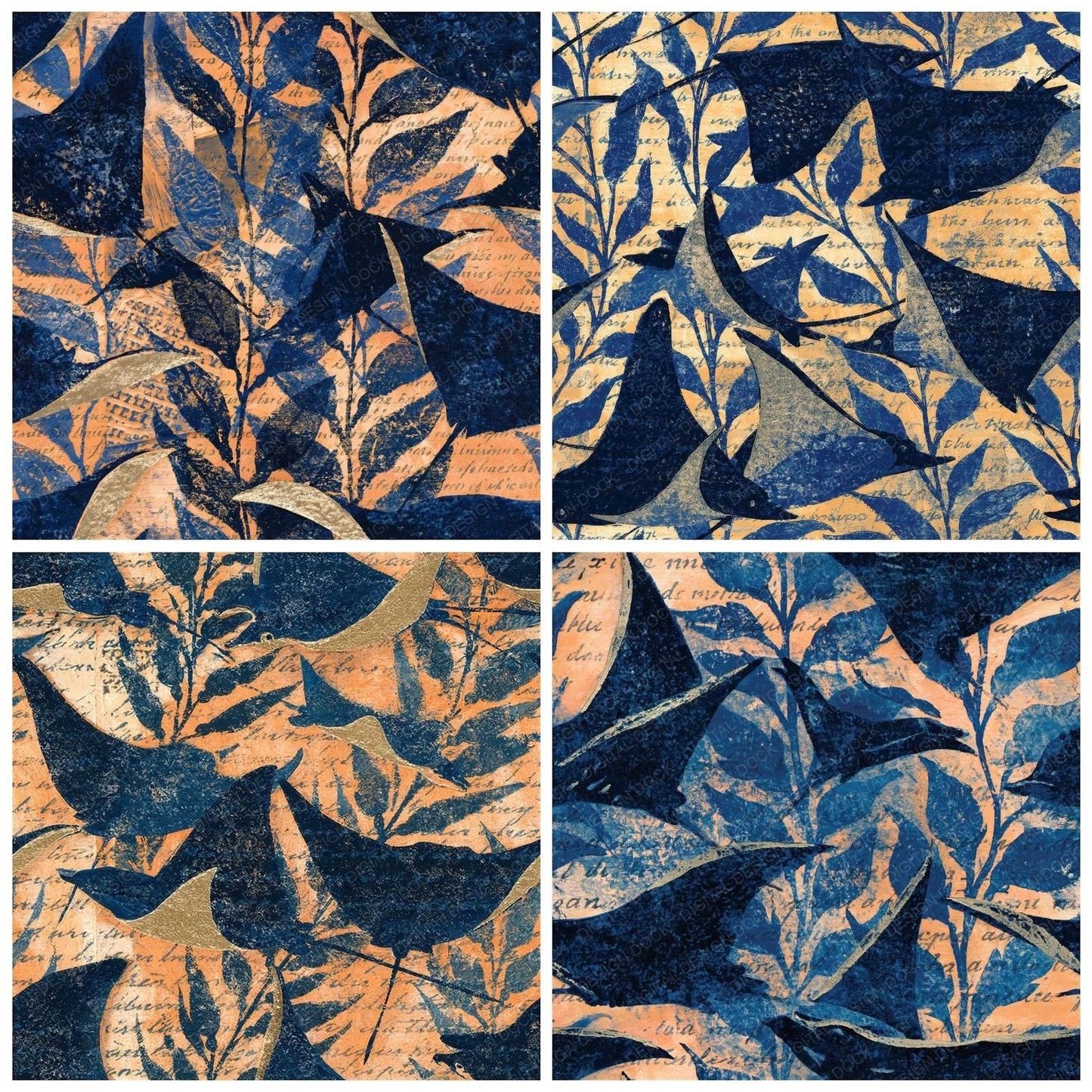 Woodblock Manta Kelp Navy Seamless Digital Paper Pack (DDD012594)