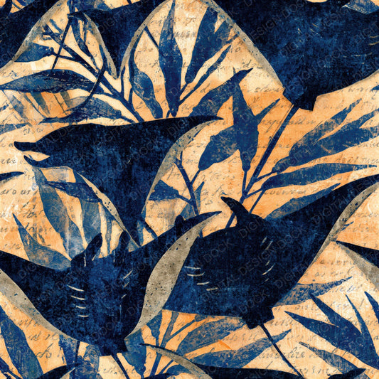 Woodblock Manta Kelp Navy Seamless Digital Paper Pack (DDD012594)