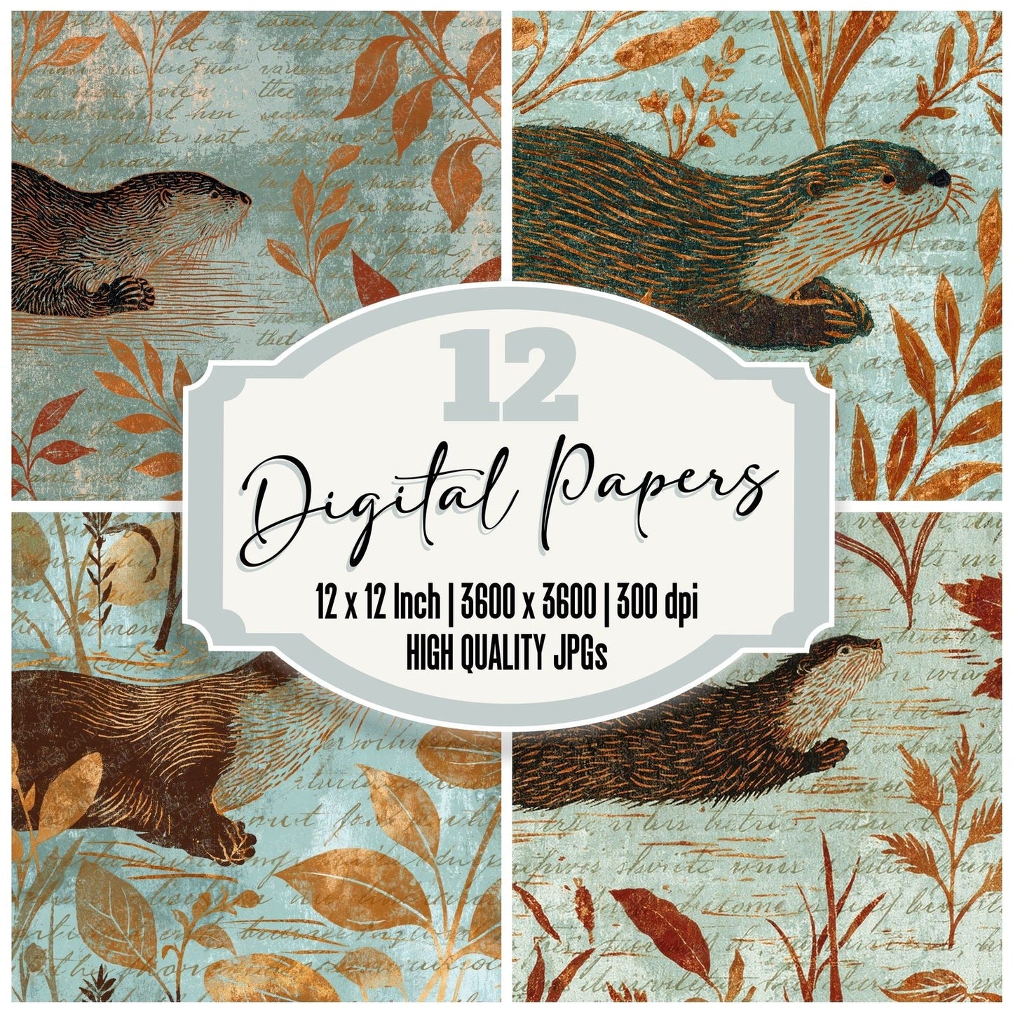 Woodblock Otter River Cocoa Digital Paper Pack (DDD012596)