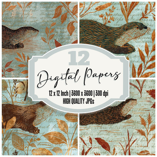 Woodblock Otter River Cocoa Digital Paper Pack (DDD012596)