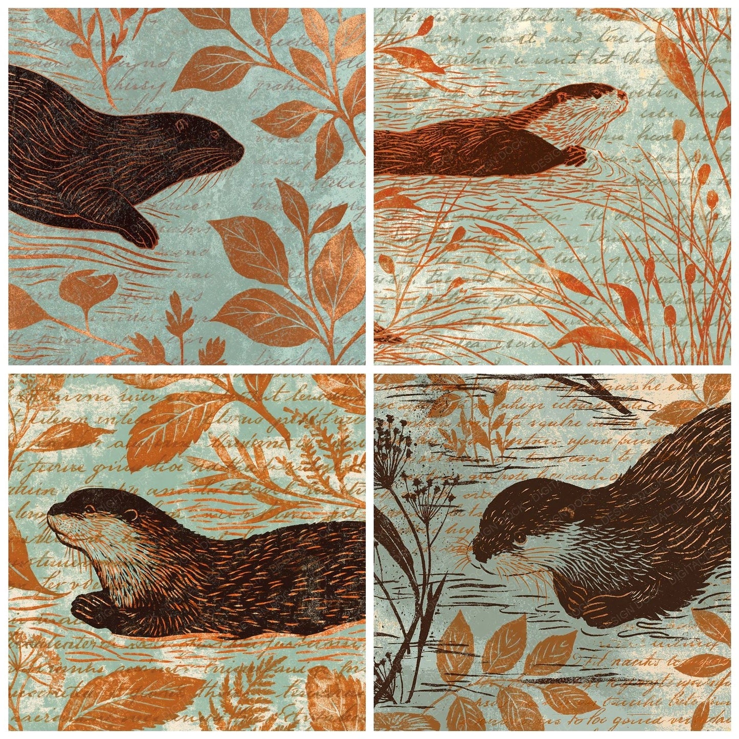 Woodblock Otter River Cocoa Digital Paper Pack (DDD012596)
