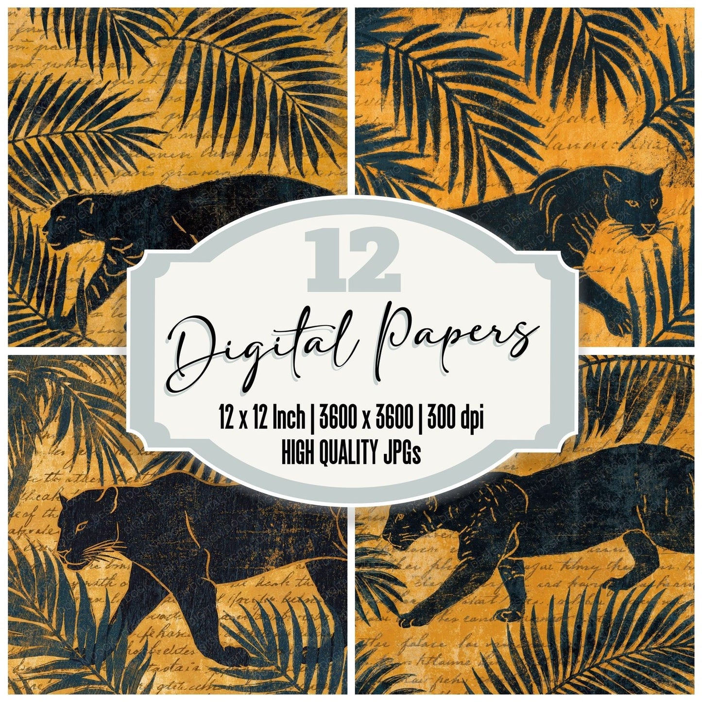 Woodblock Panther Palm Marigold Digital Paper Pack (DDD012597)