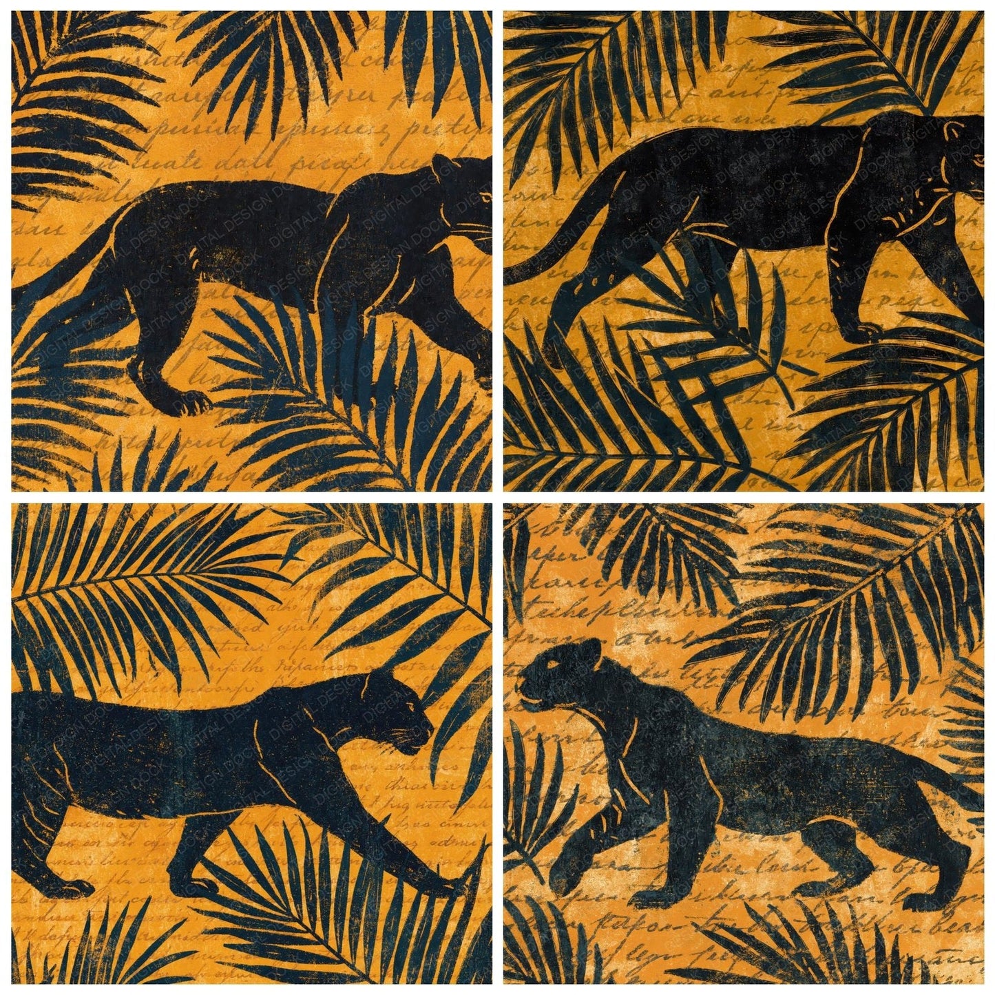 Woodblock Panther Palm Marigold Digital Paper Pack (DDD012597)