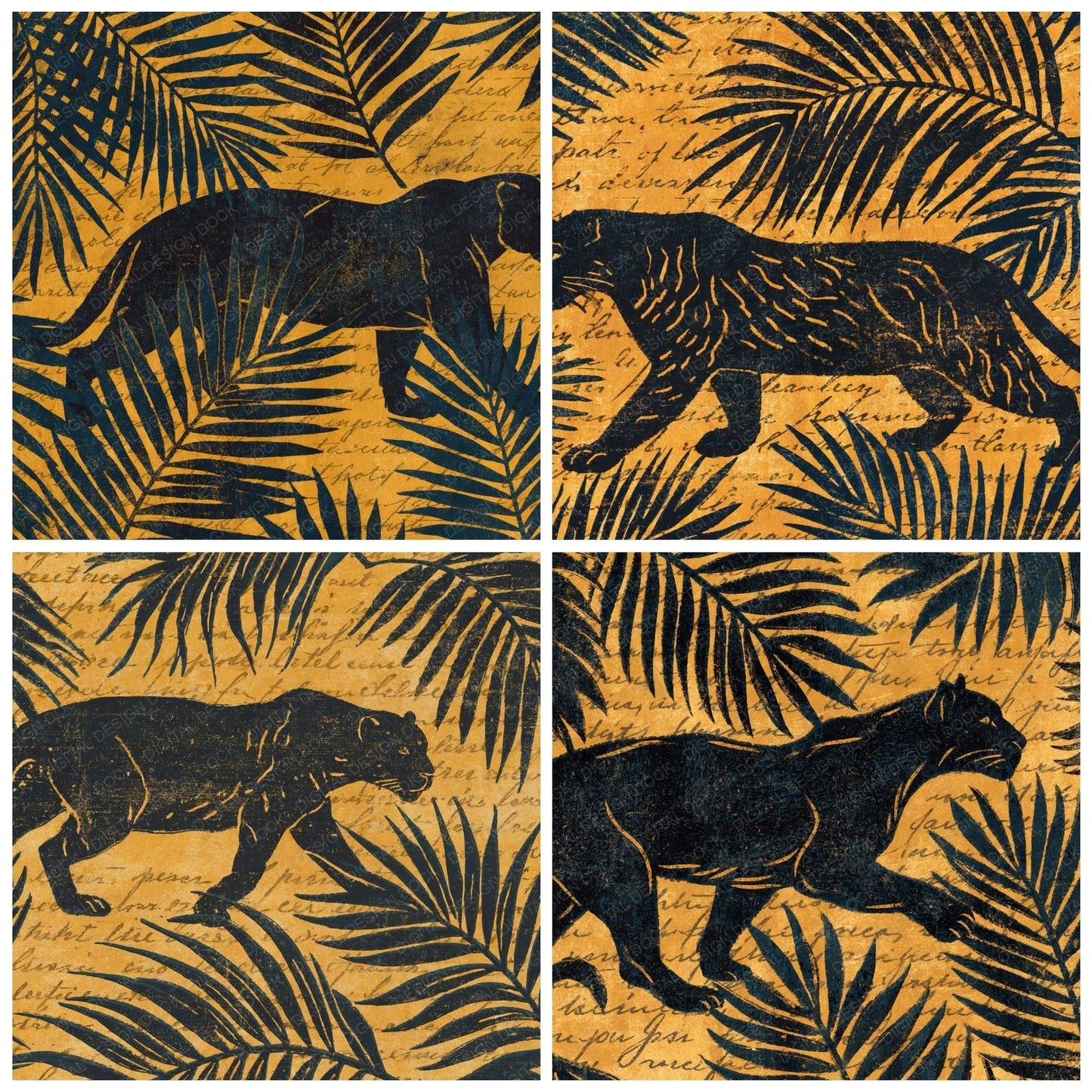 Woodblock Panther Palm Marigold Digital Paper Pack (DDD012597)