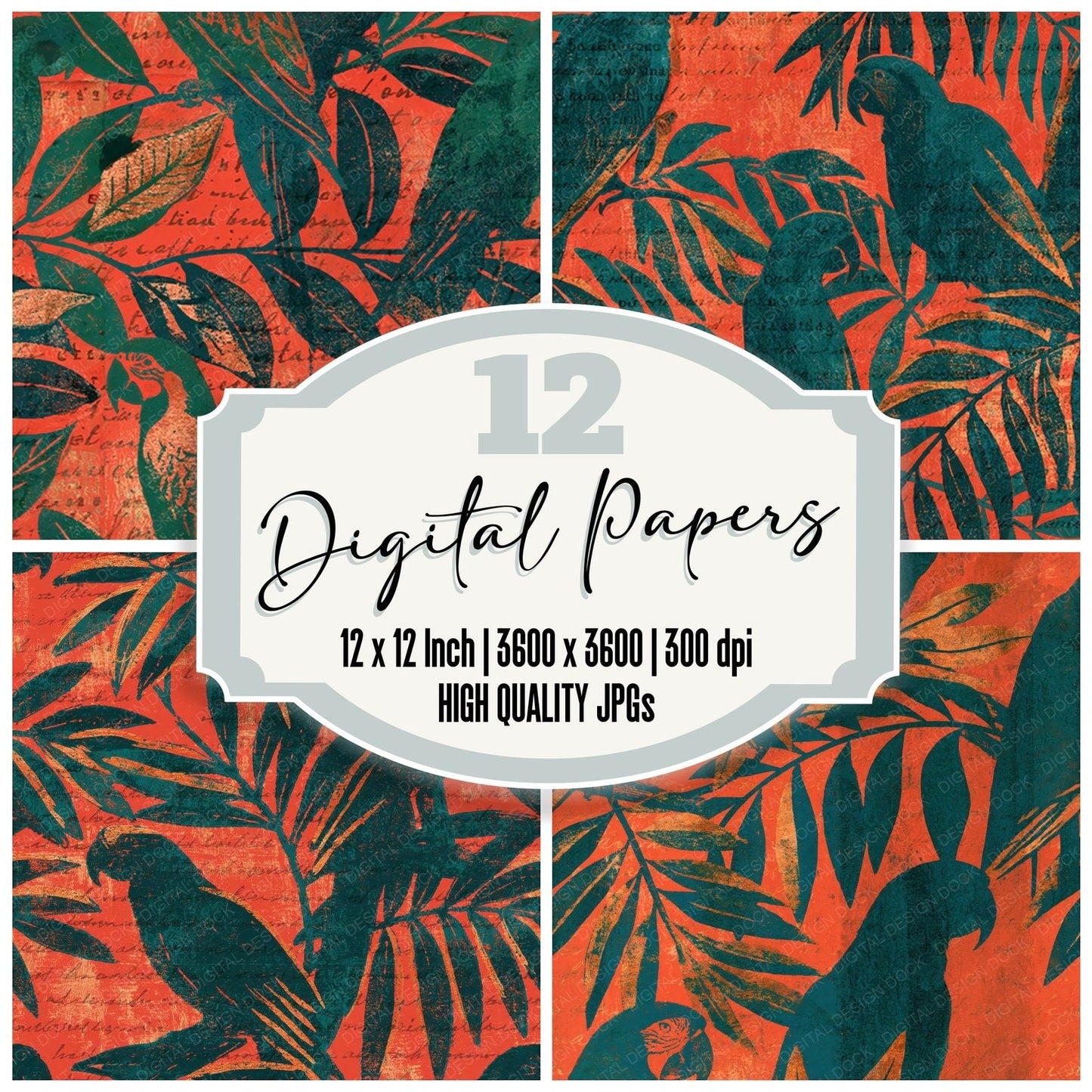 Woodblock Parrot Tropical Coral Seamless Digital Paper Pack (DDD012598)