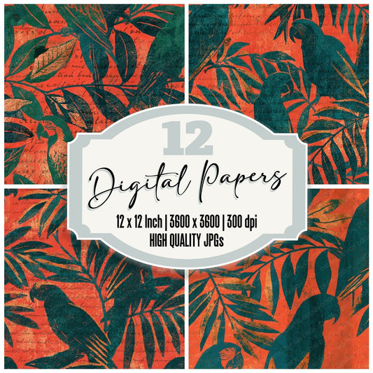 Woodblock Parrot Tropical Coral Seamless Digital Paper Pack (DDD012598)