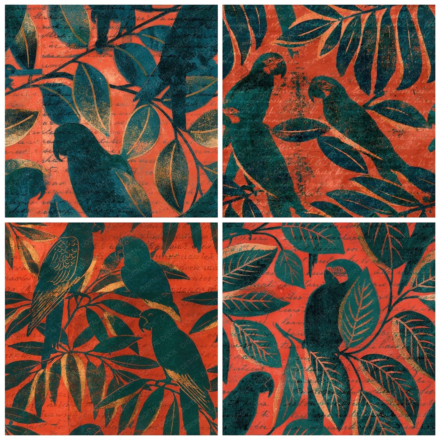 Woodblock Parrot Tropical Coral Seamless Digital Paper Pack (DDD012598)