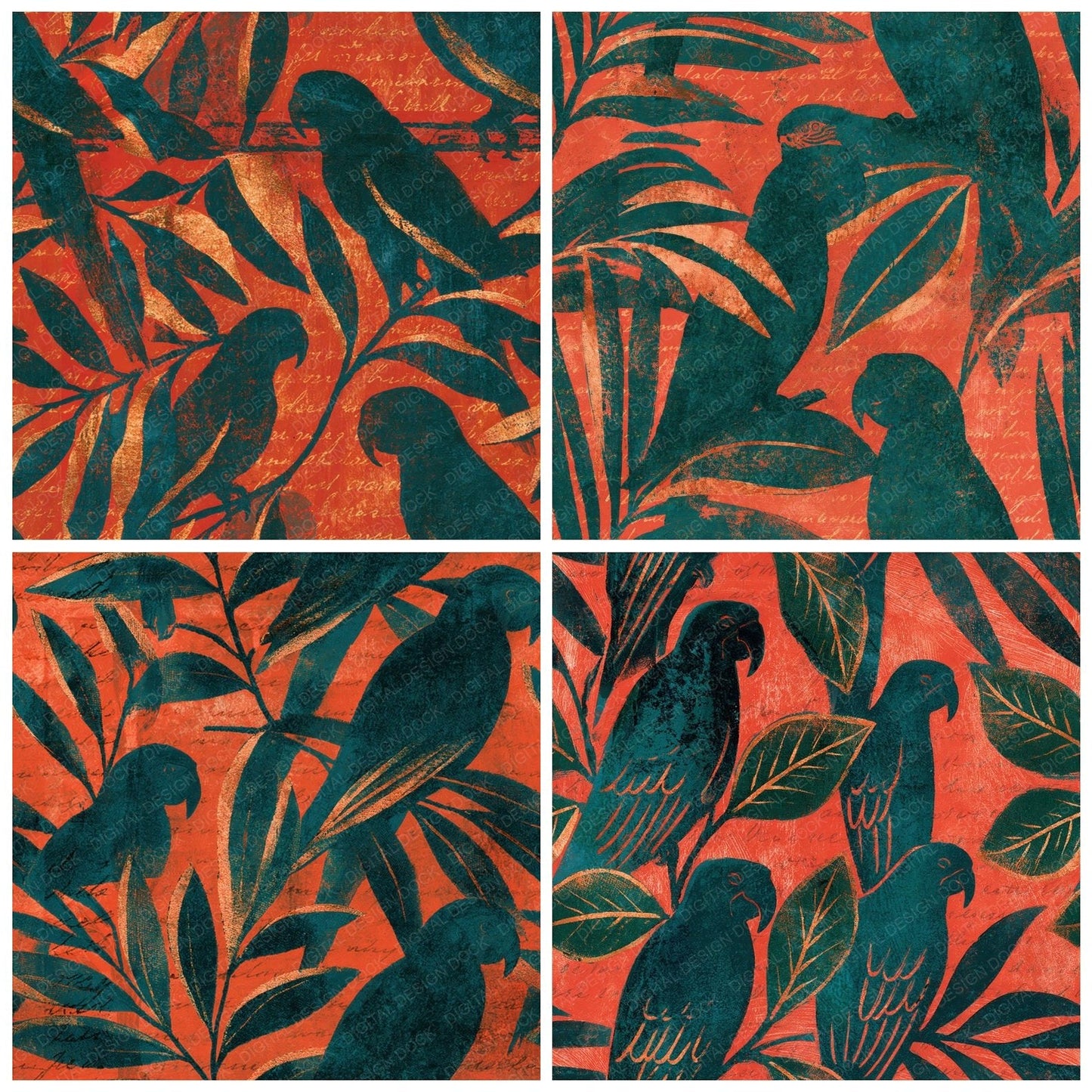 Woodblock Parrot Tropical Coral Seamless Digital Paper Pack (DDD012598)