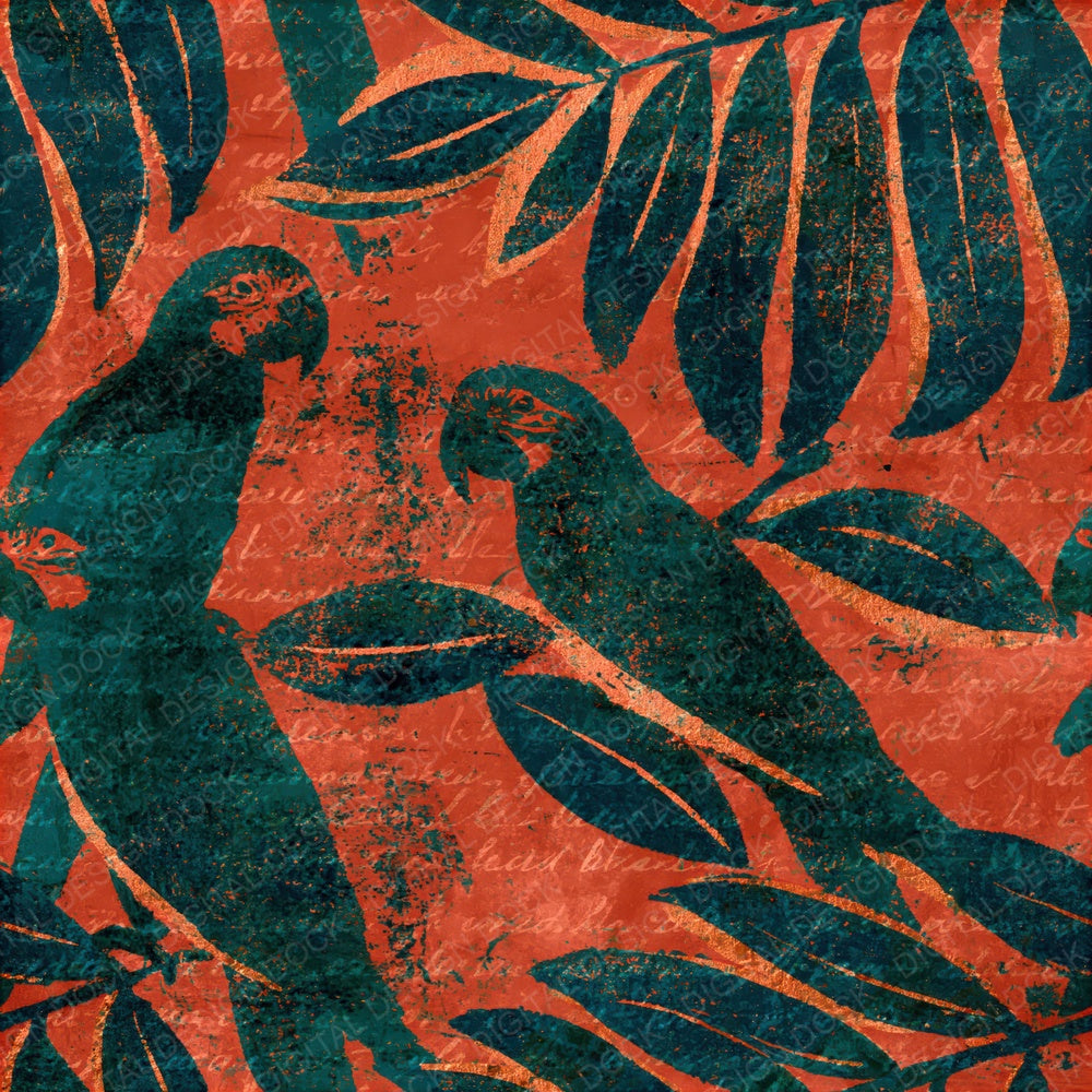 Woodblock Parrot Tropical Coral Seamless Digital Paper Pack (DDD012598)