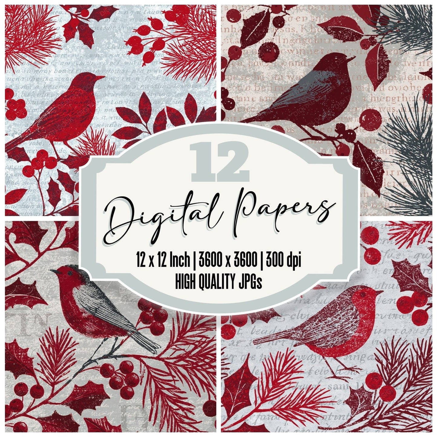 Woodblock Robin Holly Cherry Digital Paper Pack (DDD012599)