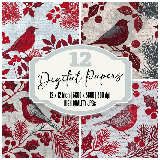 Woodblock Robin Holly Cherry Digital Paper Pack (DDD012599)