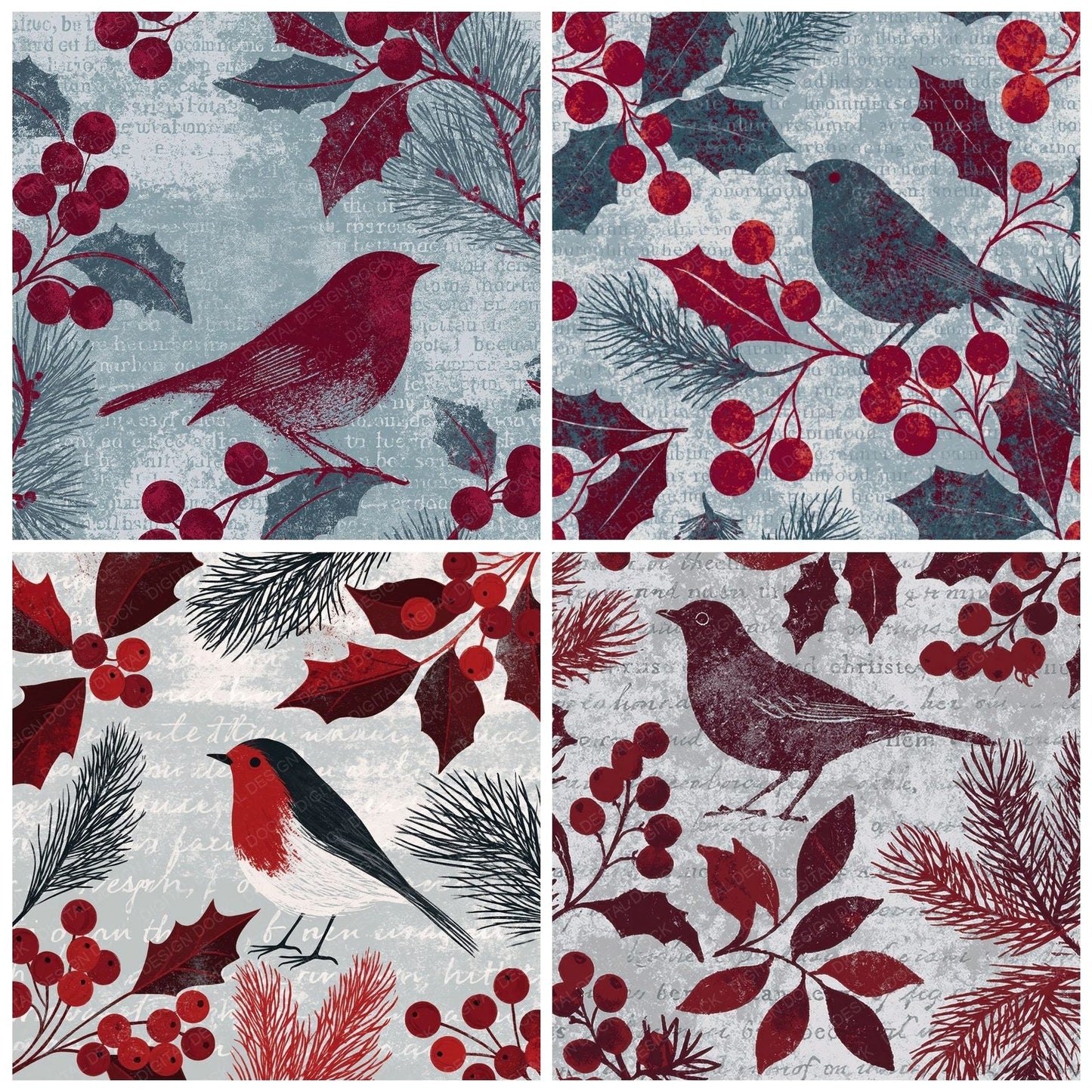 Woodblock Robin Holly Cherry Digital Paper Pack (DDD012599)