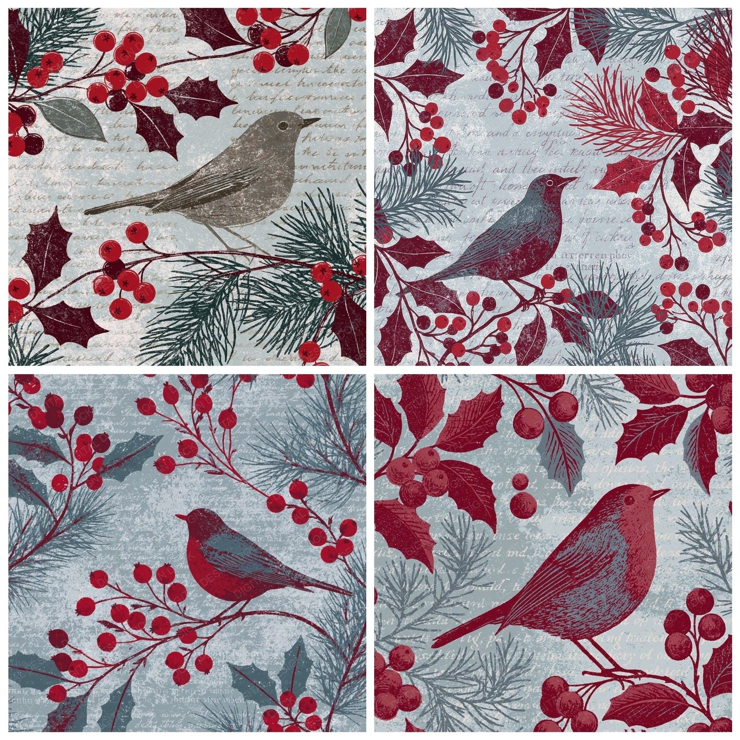 Woodblock Robin Holly Cherry Digital Paper Pack (DDD012599)