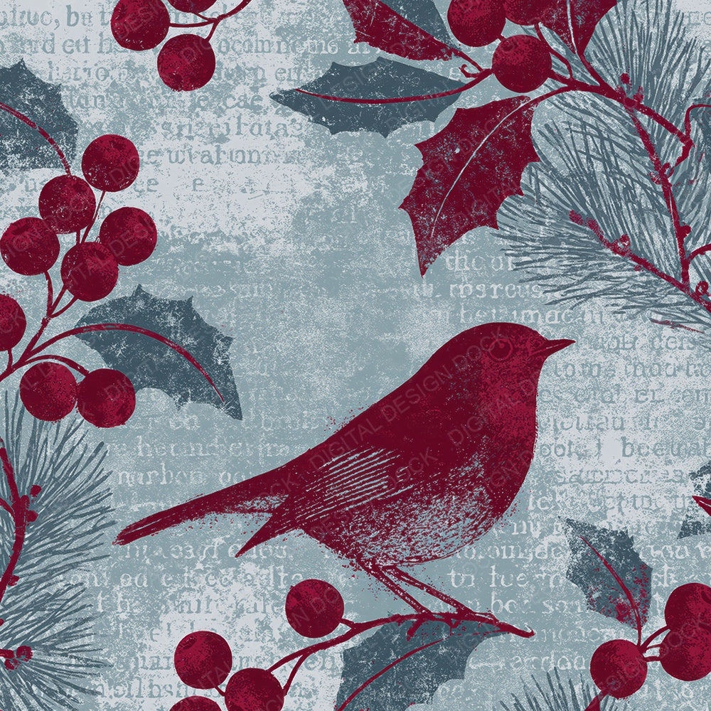 Woodblock Robin Holly Cherry Digital Paper Pack (DDD012599)
