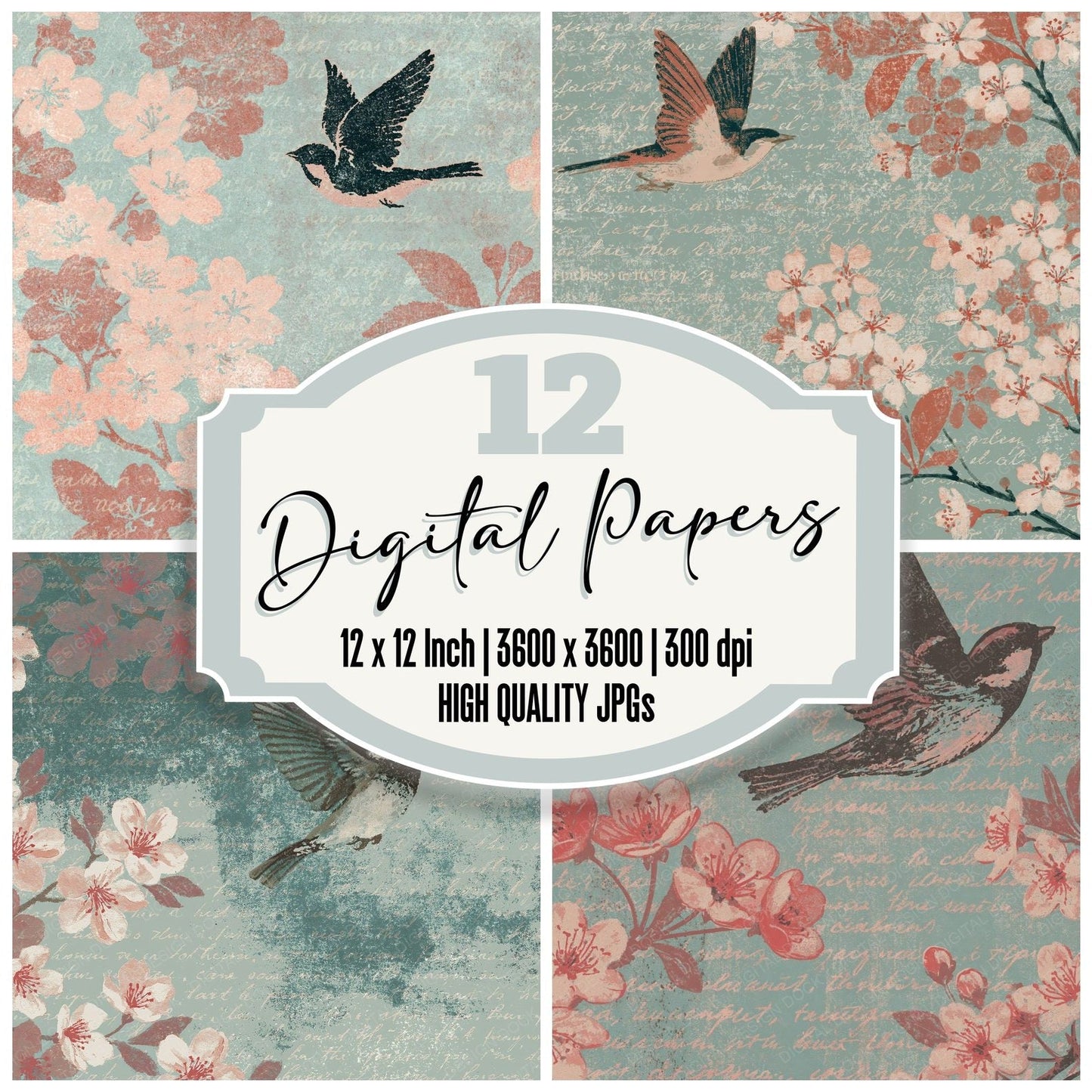 Woodblock Sparrow Cherry Blossom Digital Paper Pack (DDD012601)