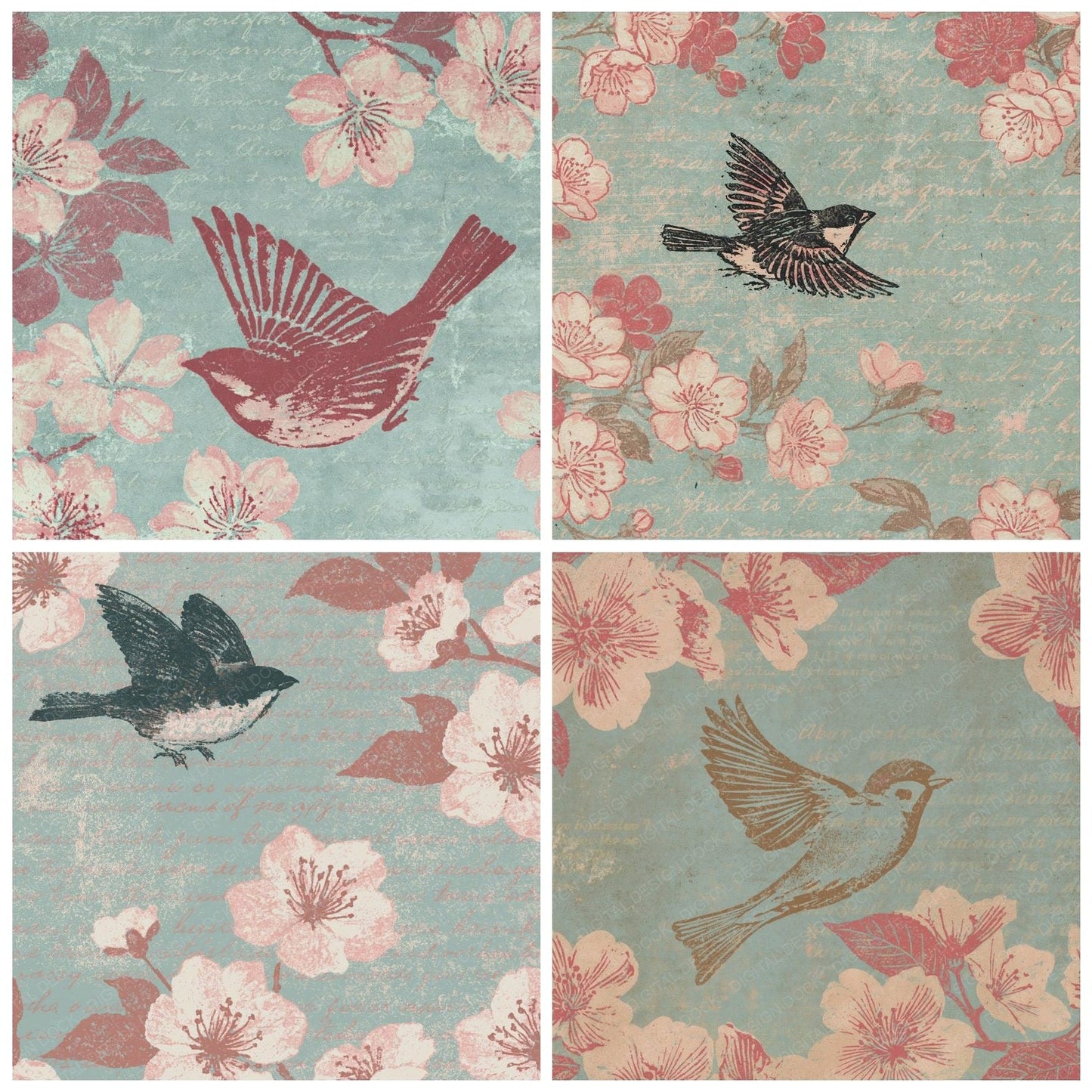 Woodblock Sparrow Cherry Blossom Digital Paper Pack (DDD012601)