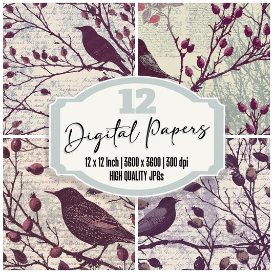 Woodblock Starling Rosehip Aubergine Digital Paper Pack (DDD012602)