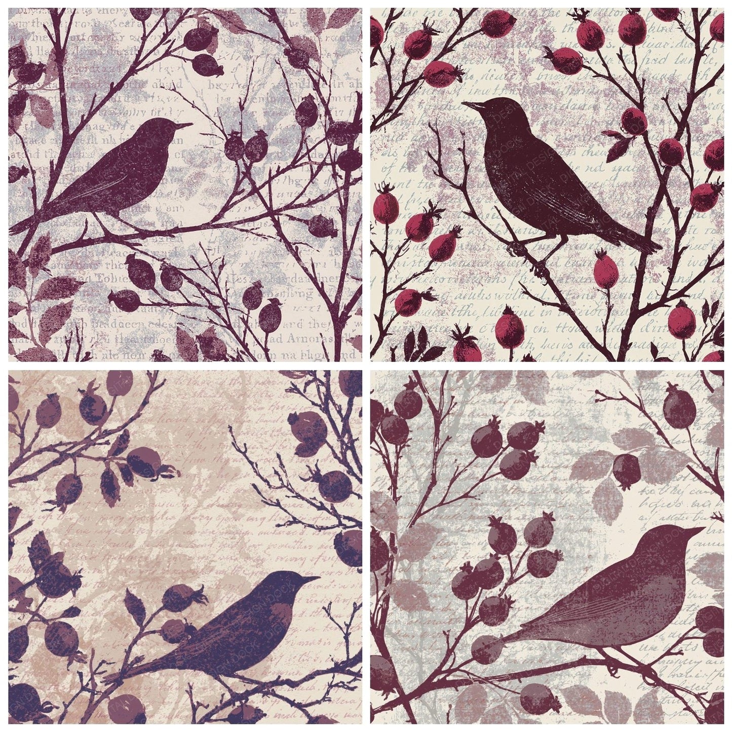 Woodblock Starling Rosehip Aubergine Digital Paper Pack (DDD012602)