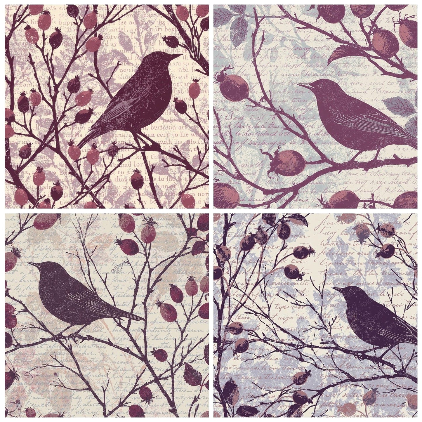 Woodblock Starling Rosehip Aubergine Digital Paper Pack (DDD012602)