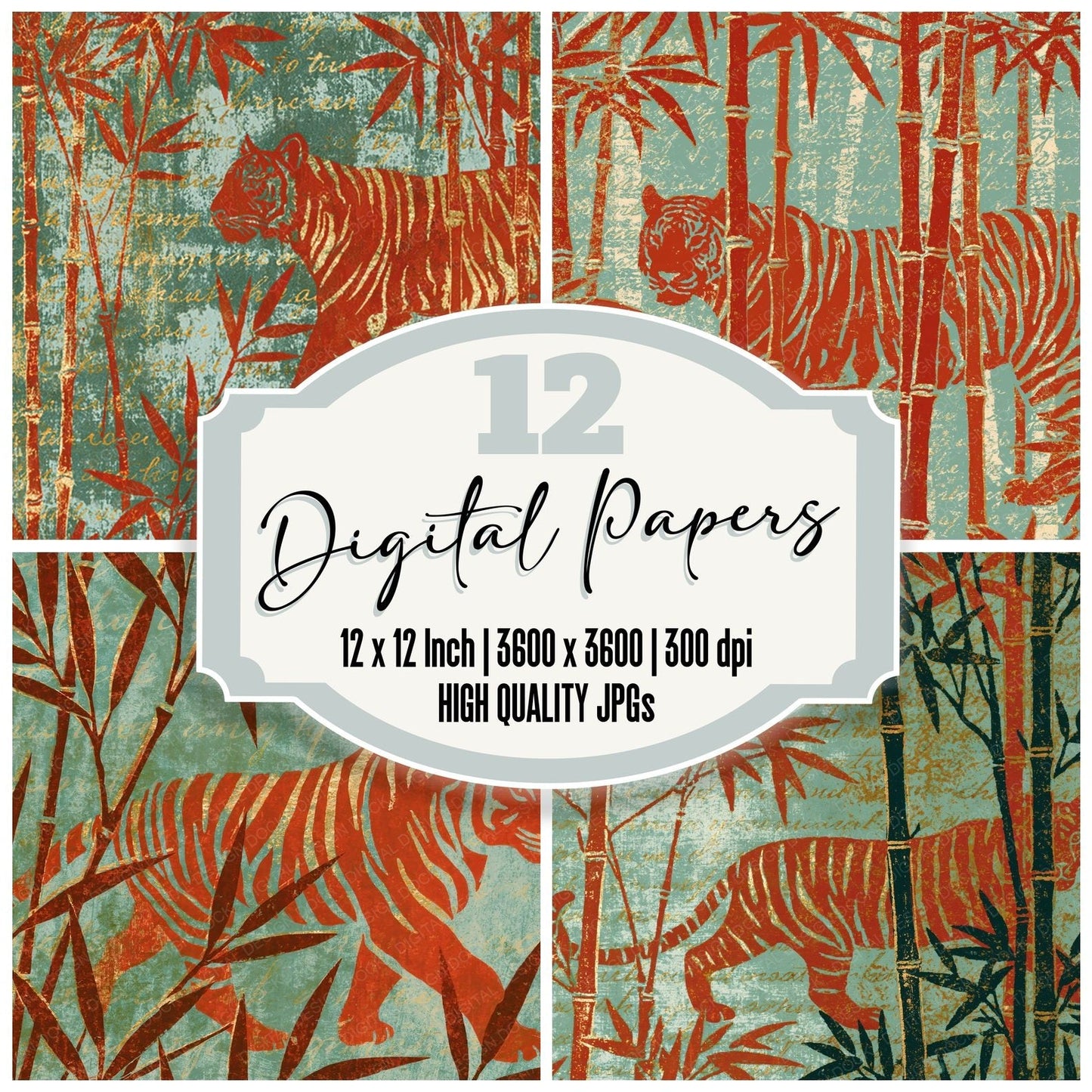Woodblock Tiger Bamboo Ginger Digital Paper Pack (DDD012603)