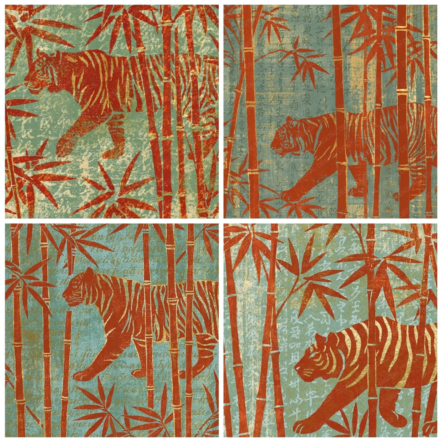 Woodblock Tiger Bamboo Ginger Digital Paper Pack (DDD012603)