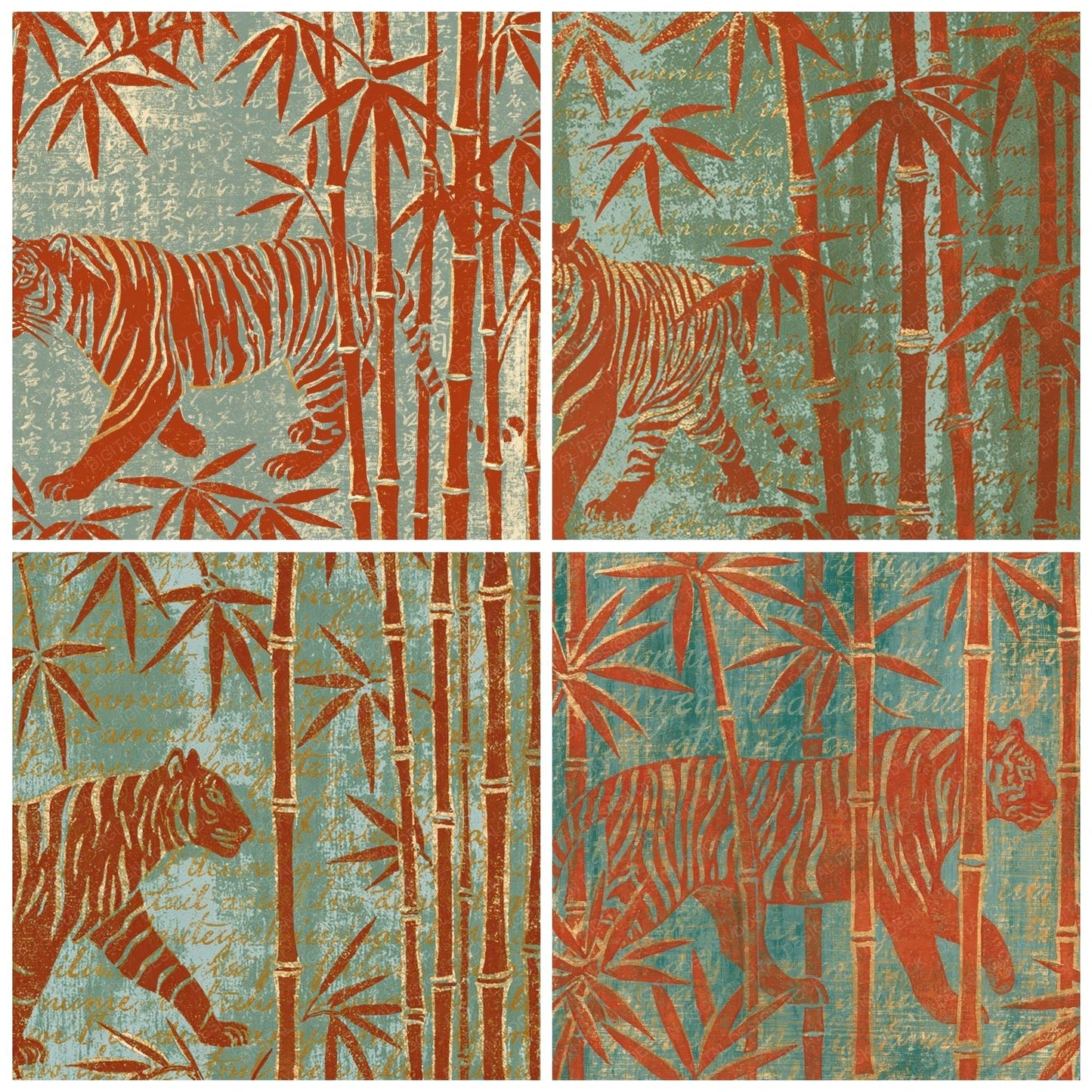 Woodblock Tiger Bamboo Ginger Digital Paper Pack (DDD012603)