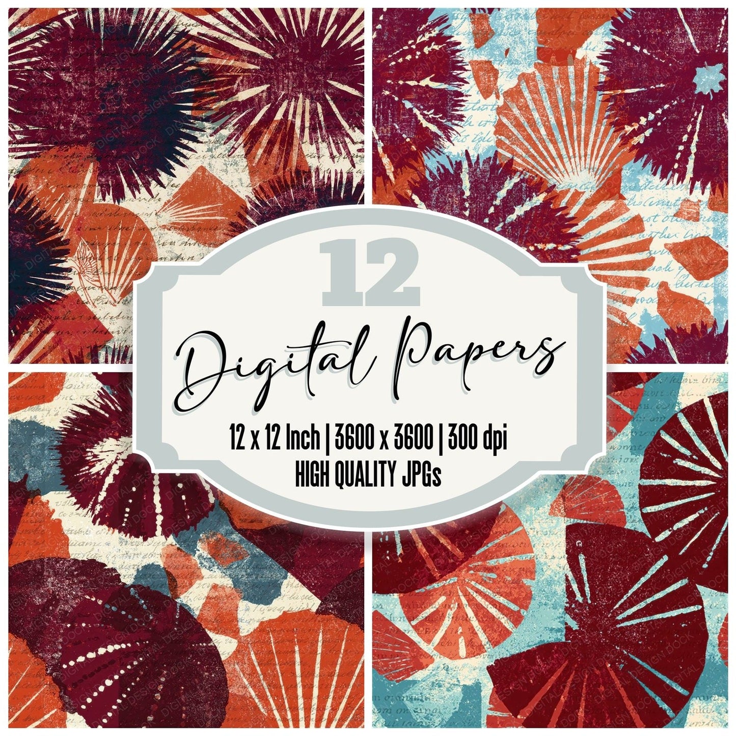 Woodblock Urchin Shell Claret Seamless Digital Paper Pack (DDD012604)