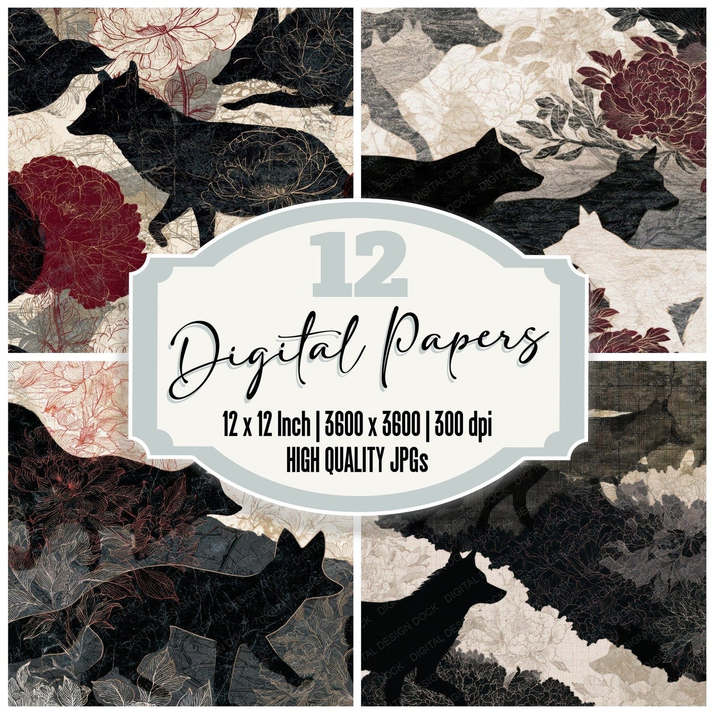 Antique Botanical Kitsune Oxblood Digital Paper Pack (DDD012605)