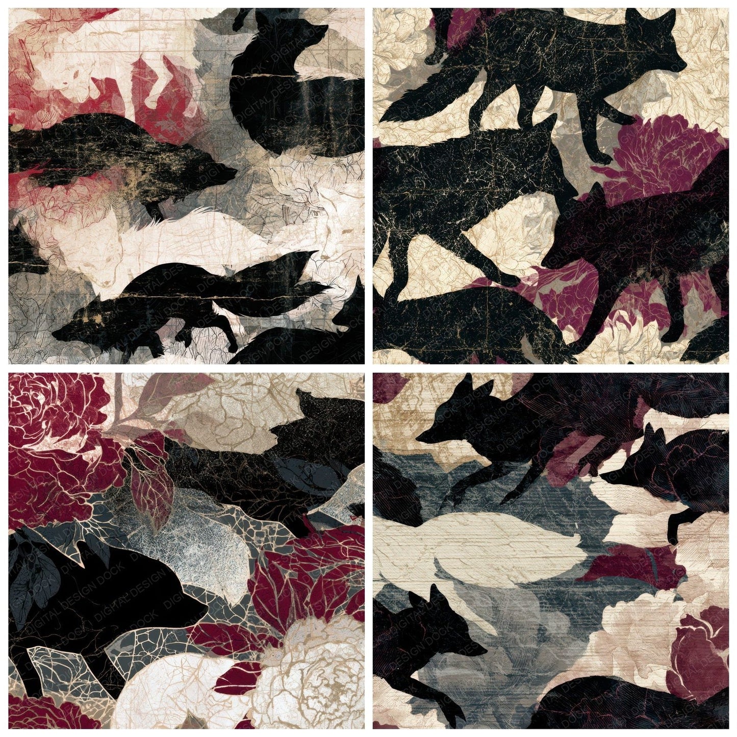 Antique Botanical Kitsune Oxblood Digital Paper Pack (DDD012605)