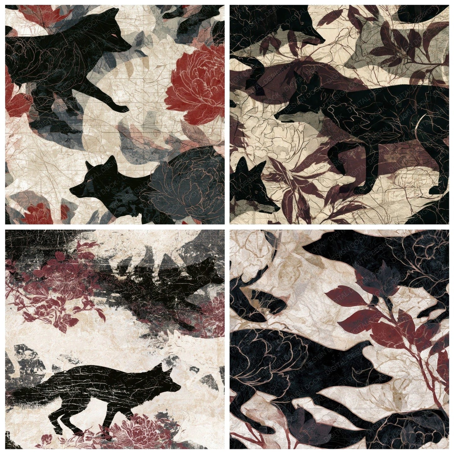 Antique Botanical Kitsune Oxblood Digital Paper Pack (DDD012605)